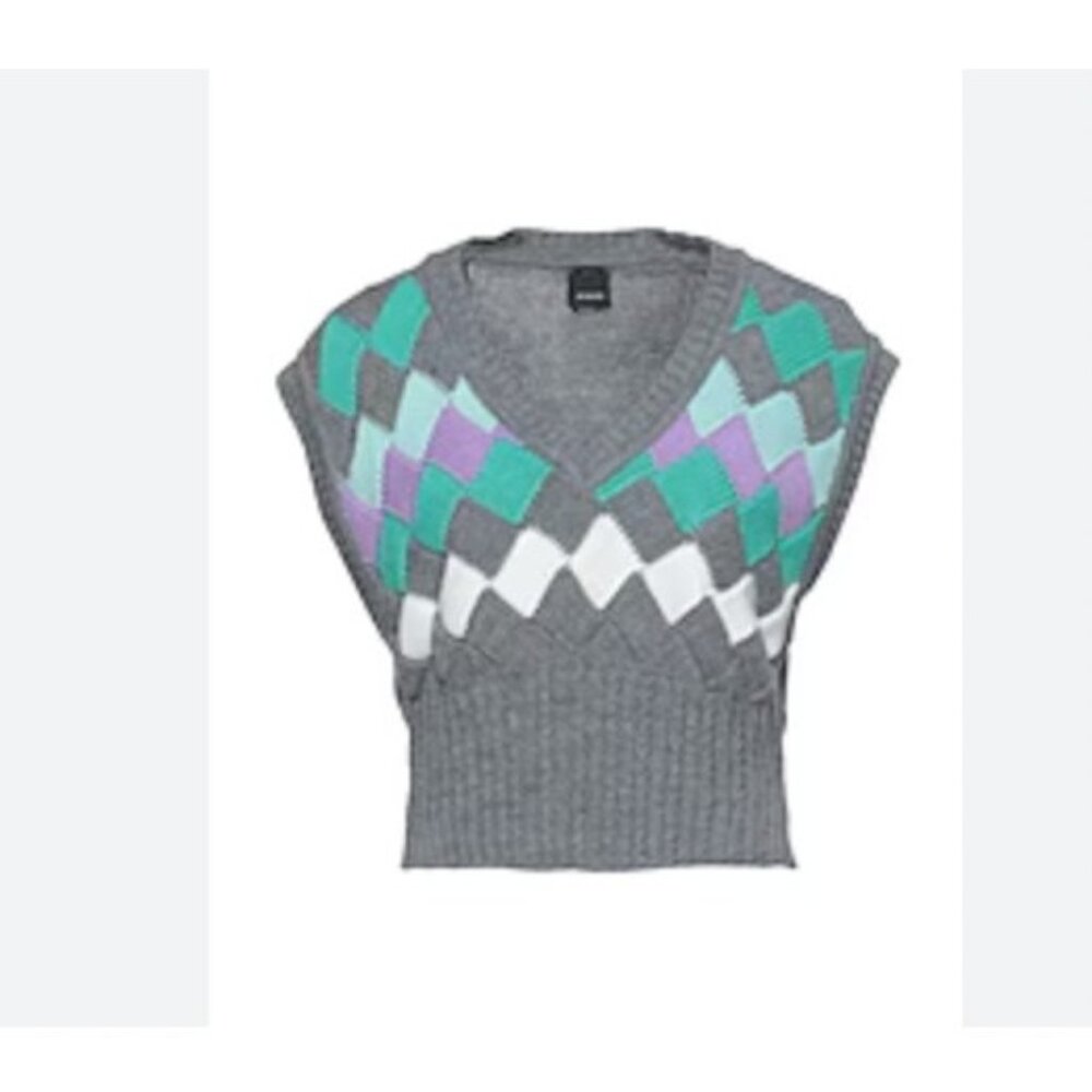 Pinko Sweater Vest Womens Medium Gray Argyle Emu Gilet Rombi Soft Hand Italy